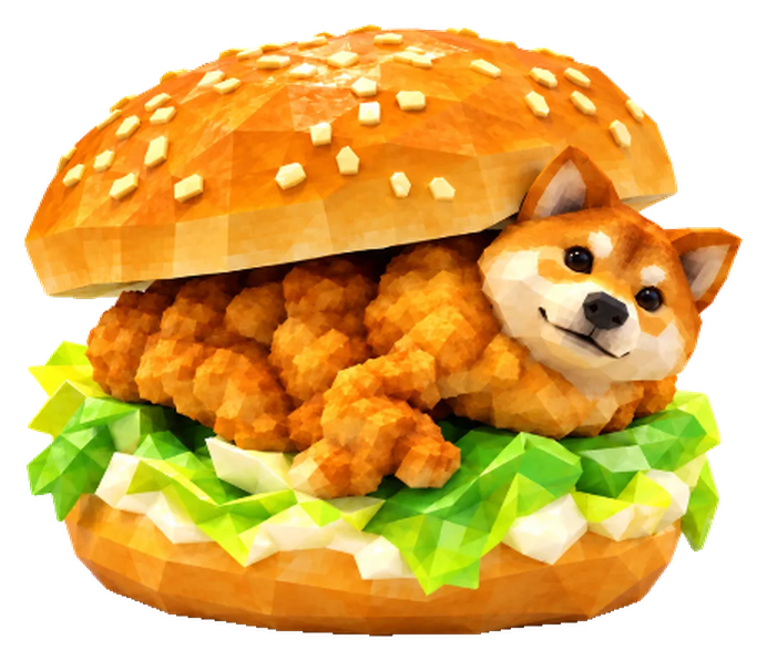 Burger Inu: a low-poly shiba inu tucked into a sesame bun with crispy chicken and lettuce